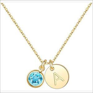 14K Gold Plated Initial Birthstone Necklace, Personalized Pendant Gift